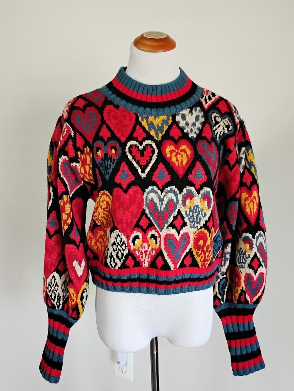 Farm Rio Heart Ikat Red Multi Color Knit Sweater Size M - Picture 2 of 9